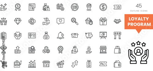 Set of outline icons representing loyalty program concepts and rewards.