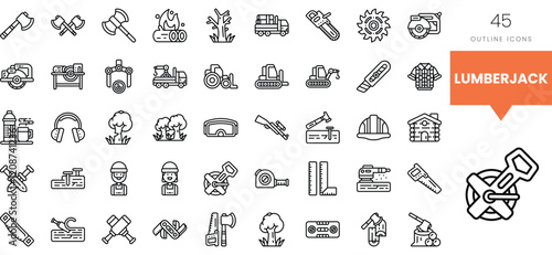 Various outline icons depicting lumberjack tools and activities in a minimalist style.