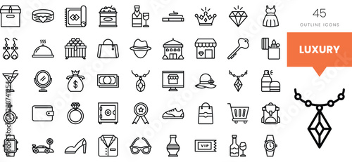 Stylish outline icons representing luxury items and accessories.