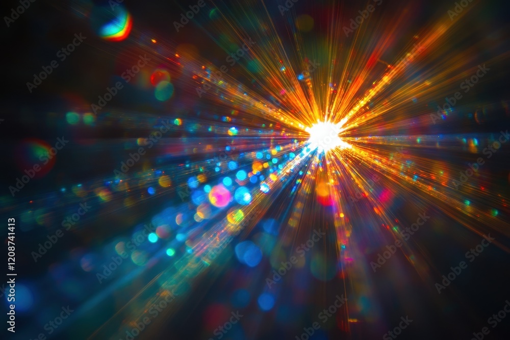 Obraz premium Vibrant light rays burst from center, colorful bokeh scattered throughout. Perfect for backgrounds, adding energy and excitement to designs.
