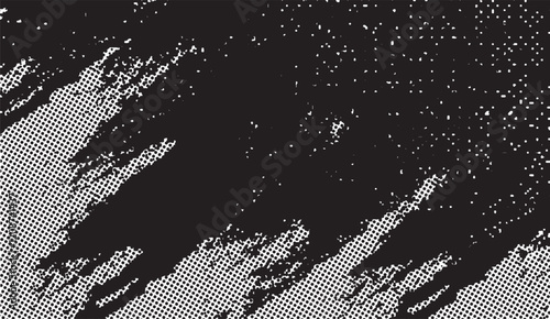 Abstract Black and White Halftone Texture with Ink Splatters and Disrupted Dot Patterns, Evoking a Grunge and Textured Aesthetic