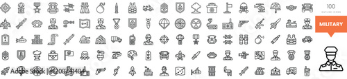 A collection of military-themed icons including medals, equipment, and vehicles.