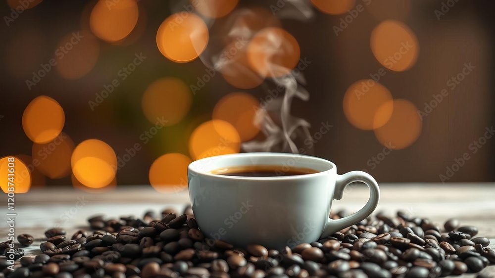 Steaming coffee beans in a cup with bokeh effect creating warm ambiance, beans, scene Steaming coffee beans in a cup with bokeh effect creating warm ambiance, beans, scene