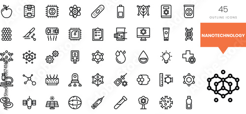 A collection of 45 outline icons representing various aspects of nanotechnology.