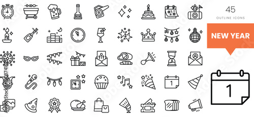 Festive outline icons representing New Year celebrations and traditions.