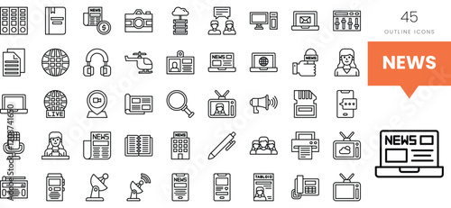 Diverse news-related outline icons representing various media forms and technologies.