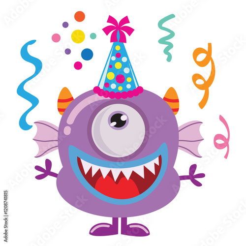 Funny birthday monster vector cartoon illustration