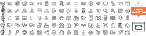 Stylized line icons representing various aspects of online marketing strategy.