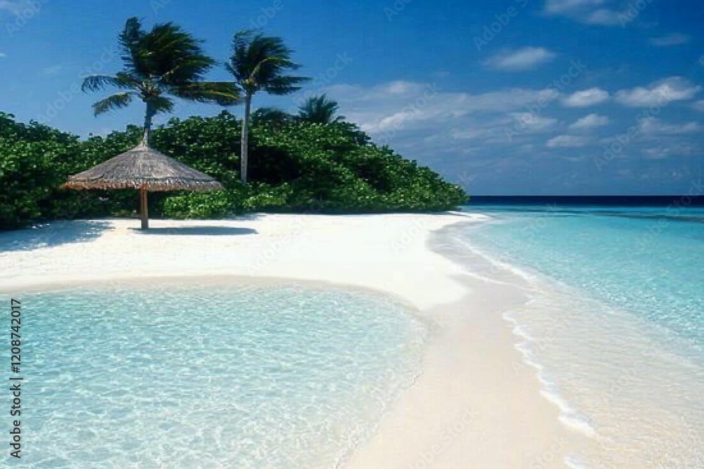 Fototapeta premium Idyllic tropical beach with palm trees, thatched umbrella, and crystal-clear turquoise water.