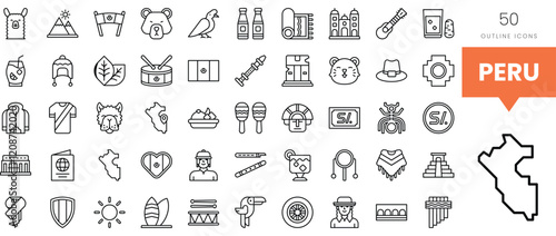 A collection of 50 outline icons representing various elements of Peruvian culture.