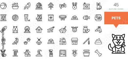 A collection of 45 outline icons representing various pets and pet accessories.