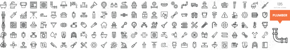 A collection of monochrome plumbing icons showcasing various tools and appliances. A collection of monochrome plumbing icons showcasing various tools and appliances.