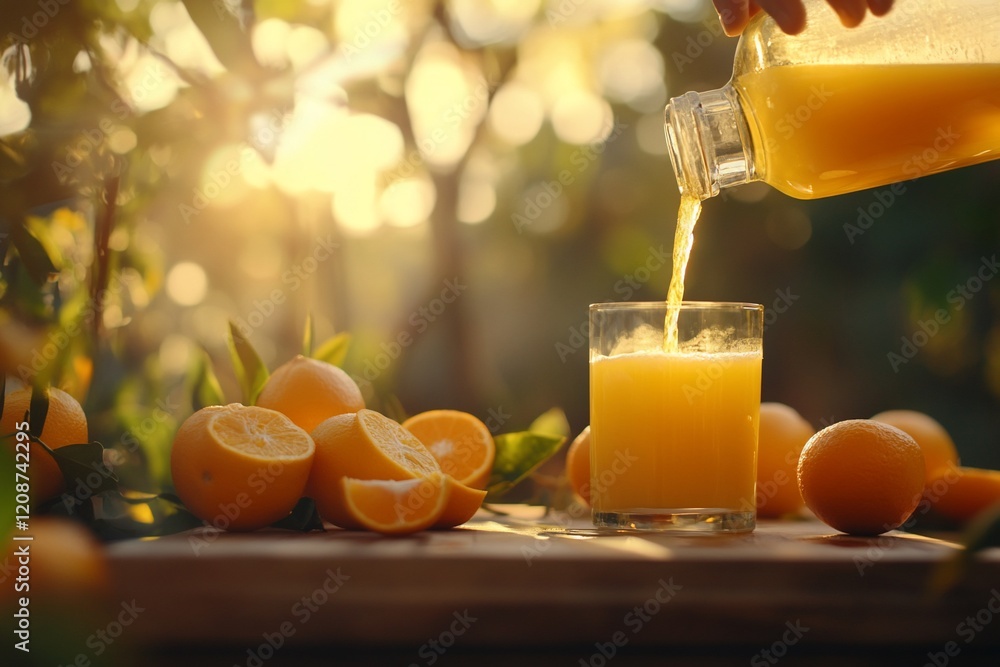 Naklejka premium Fresh orange juice pouring into glass from bottle, surrounded by oranges on wooden surface at sunset.