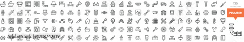 A collection of monochrome plumbing icons showcasing various tools and appliances.
