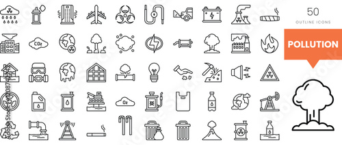 A collection of pollution-related outline icons illustrating environmental issues.