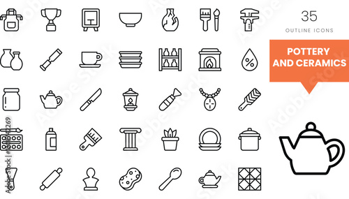 Collection of pottery and ceramics outline icons for creative projects.