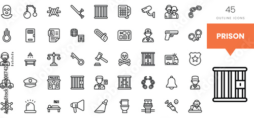 Set of minimalistic outline icons representing prison and law enforcement themes.