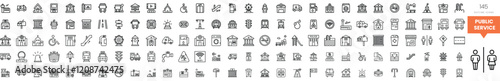 A diverse set of public service icons in black and white, showcasing various community services.