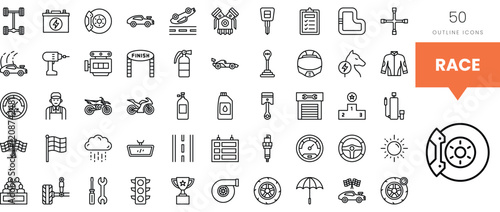 A collection of 50 outline icons related to racing and mechanical themes.