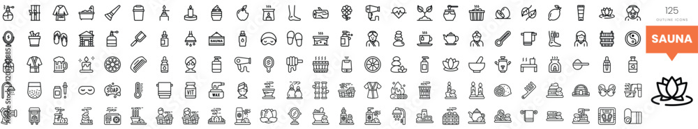 A collection of sauna-themed icons in a minimalist design. A collection of sauna-themed icons in a minimalist design.