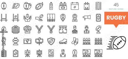 A collection of rugby-themed outline icons showcasing sports equipment and awards.