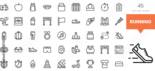 A collection of 45 running-themed outline icons depicting various activities and equipment.