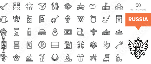 Collection of outline icons representing Russian culture and traditions.