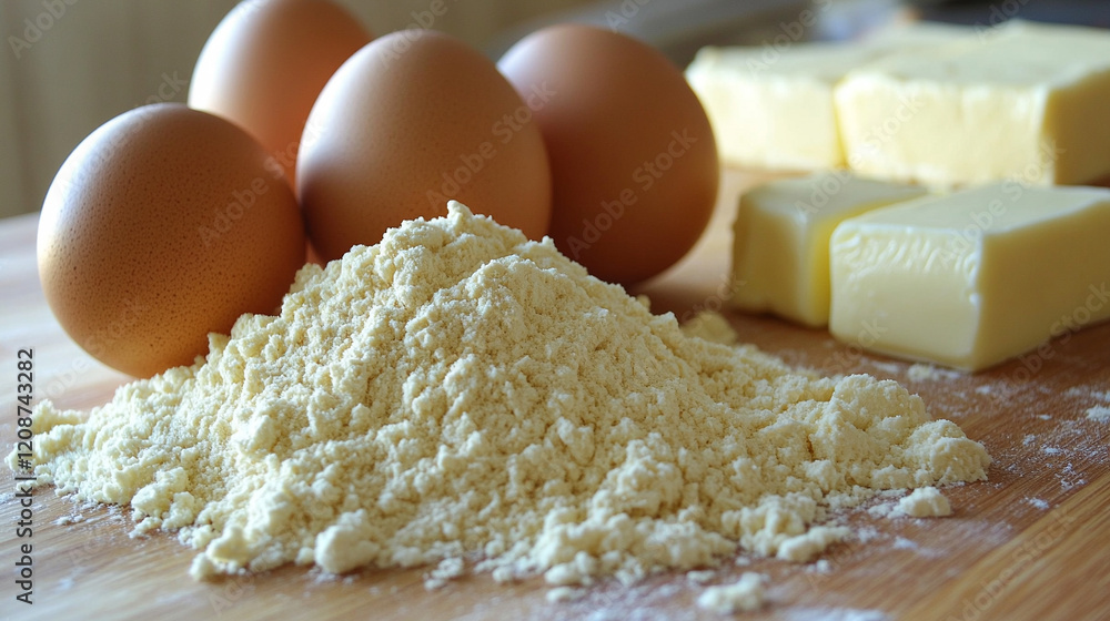 Eggs cracked into flour on a wooden counter with scattered flour, butter, and sugar during a minimalistic baking process in a modern bright space, blurred background, empty caption area on the side
Eggs cracked into flour on a wooden counter with scattered flour, butter, and sugar during a minimalistic baking process in a modern bright space, blurred background, empty caption area on the side