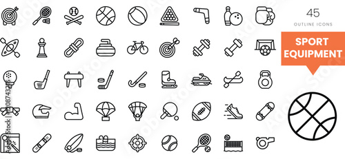 Variety of sports equipment icons in a minimalist outline style.