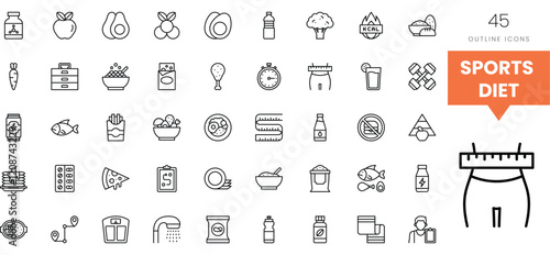 A variety of sports diet icons, including fruits, vegetables, and fitness items.