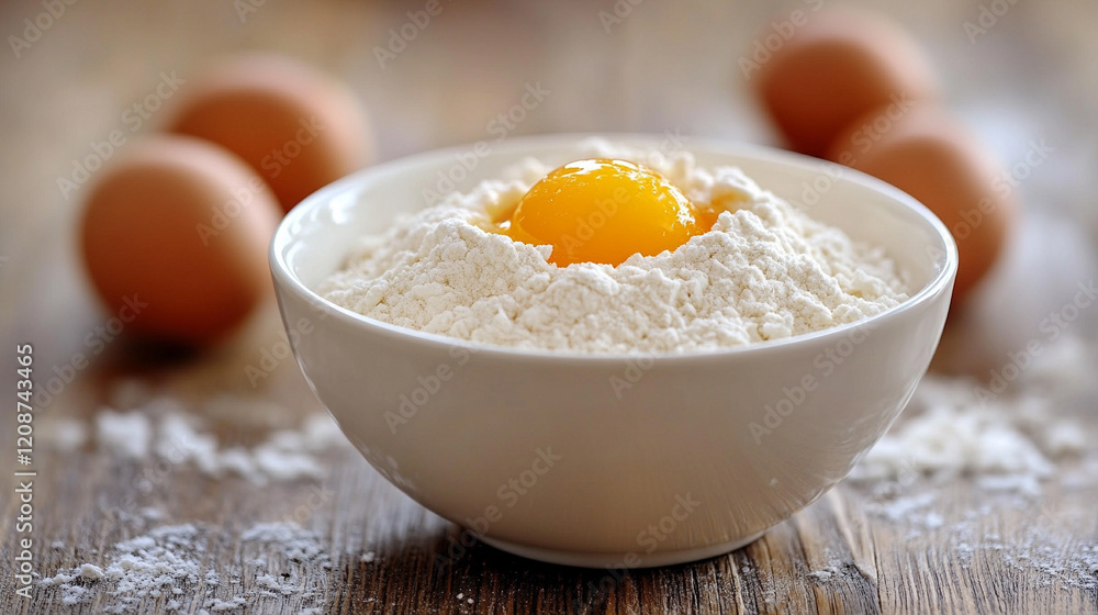 Eggs cracked into flour on a wooden counter with scattered flour, butter, and sugar during a minimalistic baking process in a modern bright space, blurred background, empty caption area on the side
Eggs cracked into flour on a wooden counter with scattered flour, butter, and sugar during a minimalistic baking process in a modern bright space, blurred background, empty caption area on the side