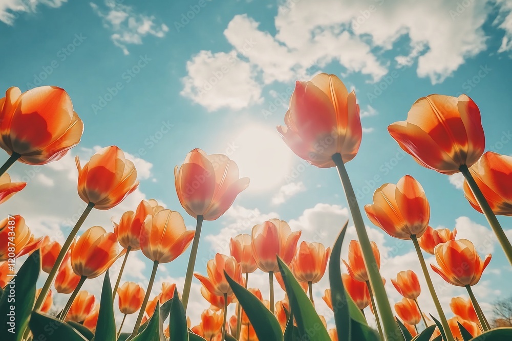 Obraz premium Low angle view of vibrant orange tulips blooming under a bright sunny sky.