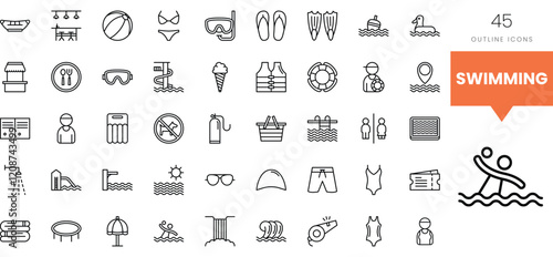Collection of swimming-related outline icons for various aquatic activities.