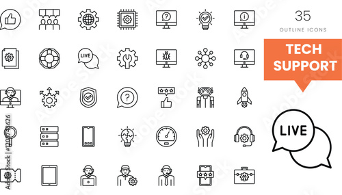 A collection of tech support icons in black outline with a vibrant orange label.