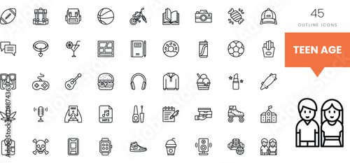Outline icons representing teen interests, including sports and music.
