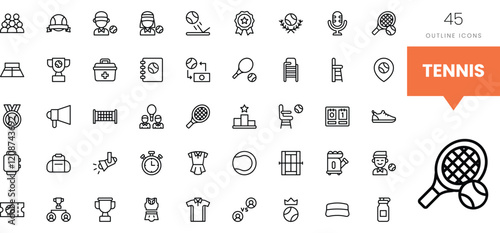 A collection of outline icons related to tennis, featuring sports equipment and awards.