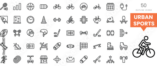 Collection of urban sports icons featuring bicycles and various sports equipment.