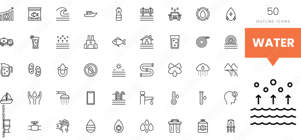 Collection of diverse water-related line icons including bottles, boats, and rain. Collection of diverse water-related line icons including bottles, boats, and rain.