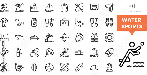 Collection of water sports icons in black outline on a white background.