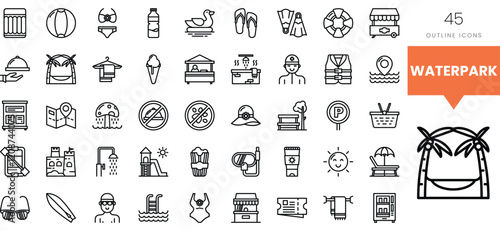 Variety of waterpark-themed outline icons showcasing summer fun activities.