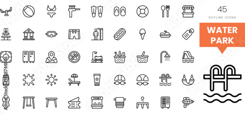Collection of summer-themed outline icons for a vibrant water park experience.
