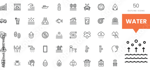 Collection of diverse water-related line icons including bottles, boats, and rain.