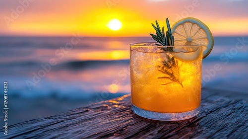 Fototapeta Naklejka Na Ścianę i Meble -  Sunset cocktail beach ocean summer drinks