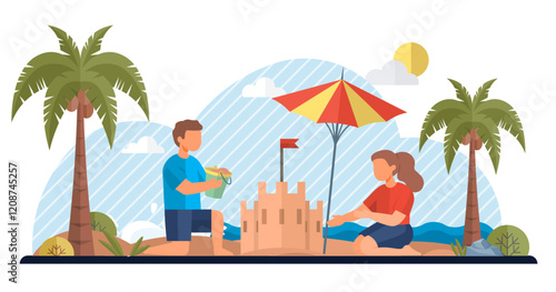 Two kids play on a beach by constructing a sandcastle. With palm trees, an umbrella, and bright weather, it evokes a relaxing summer day. Ideal for vacation, outdoor activities, fun, playtime