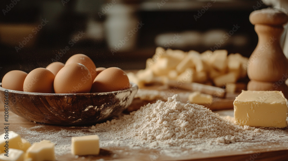 Eggs cracked into flour on a wooden counter with scattered flour, butter, and sugar during a minimalistic baking process in a modern bright space, blurred background, empty caption area on the side
Eggs cracked into flour on a wooden counter with scattered flour, butter, and sugar during a minimalistic baking process in a modern bright space, blurred background, empty caption area on the side