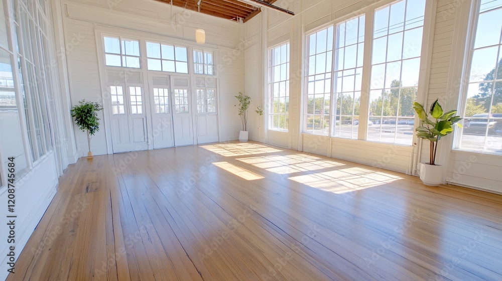 Obraz premium Sunlit studio space, hardwood floor, windows, plants. Ideal for yoga, events