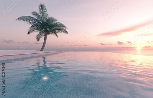 Serene sunset view of a palm tree beside a tranquil infinity pool.