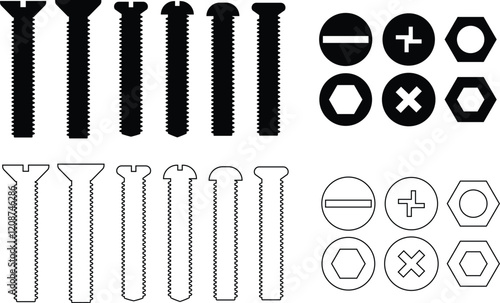 Nuts , screws, rivets, and bolts con set. Equipment stainless, fasteners, metal fixation gear black line and flat vector collection isolated on transparent background. Building tools construction sign