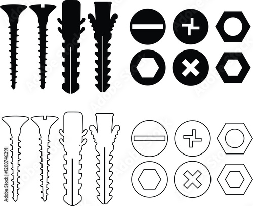 Nuts , screws, rivets, and bolts con set. Equipment stainless, fasteners, metal fixation gear black line and flat vector collection isolated on transparent background. Building tools construction sign