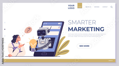 A robot emerging from a smartphone shows a lightbulb to a questioning individual, symbolizing AI-driven marketing. Ideal for technology, digital marketing, AI innovation, customer engagement, modern